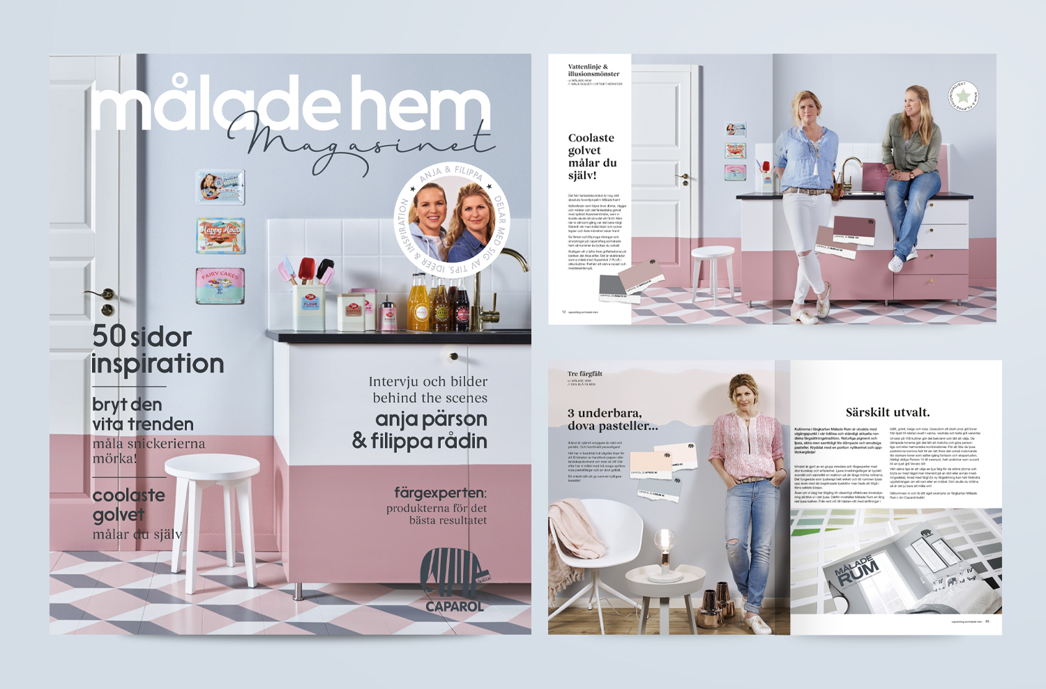 Omslag och uppslag ur Caparols inspirationsmagasin Målade Hem med Anja Pärson och Filippa Rådin.