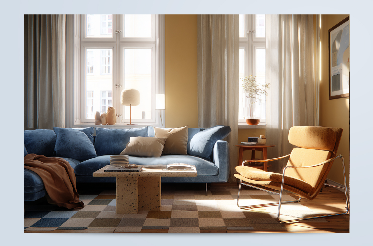 Stylad vardagsrumsmiljö för digitala kanaler Stylad vardagsrumsmiljö med blå soffa, gul väggkulör och designmöbler skapad för Caparols digitala kanaler.