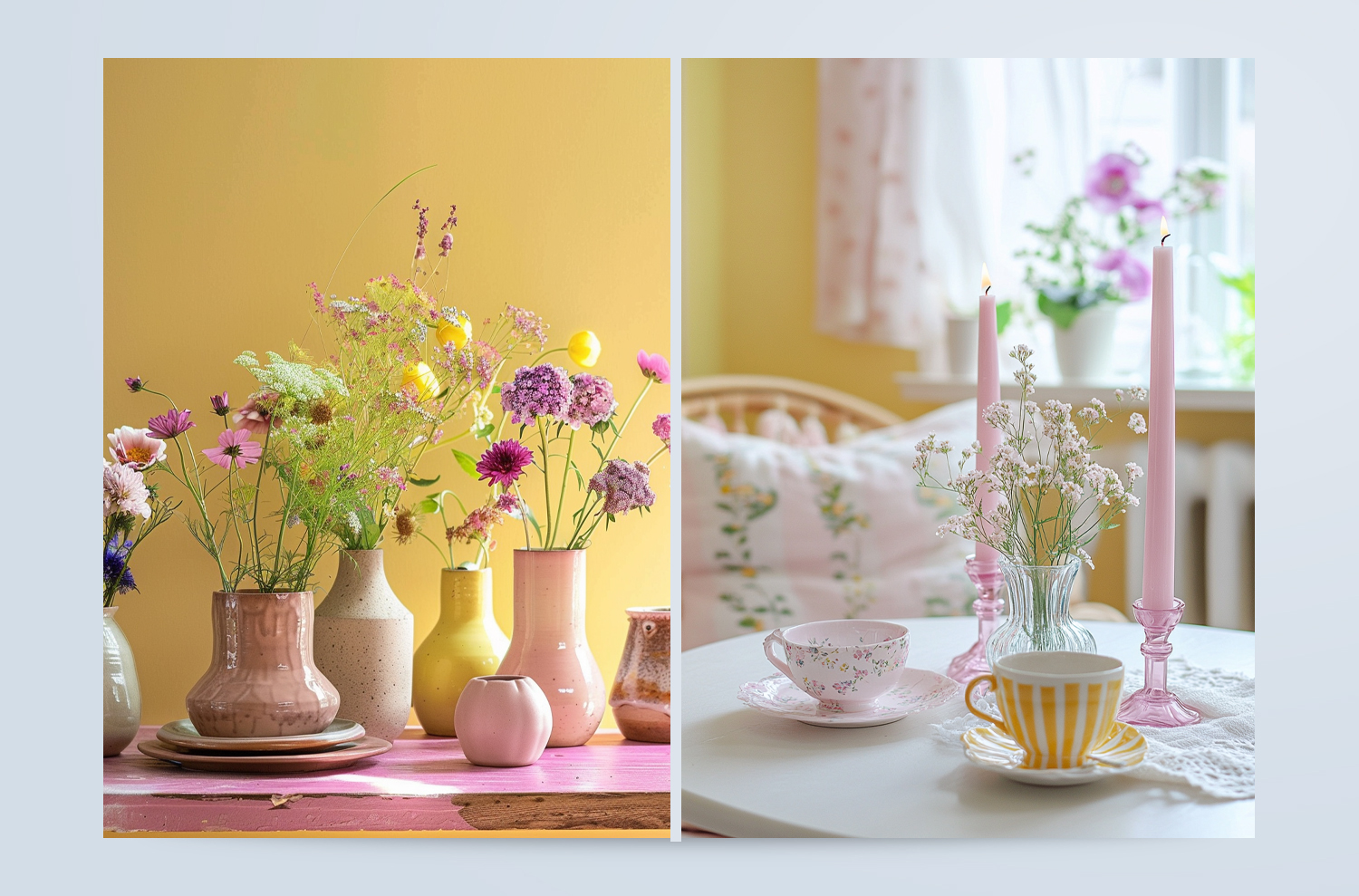 Stylade dukningar och färginspiration Stylade dukningar med blommor, keramik och färgsatta miljöer skapade för Caparols inspirationskommunikation.