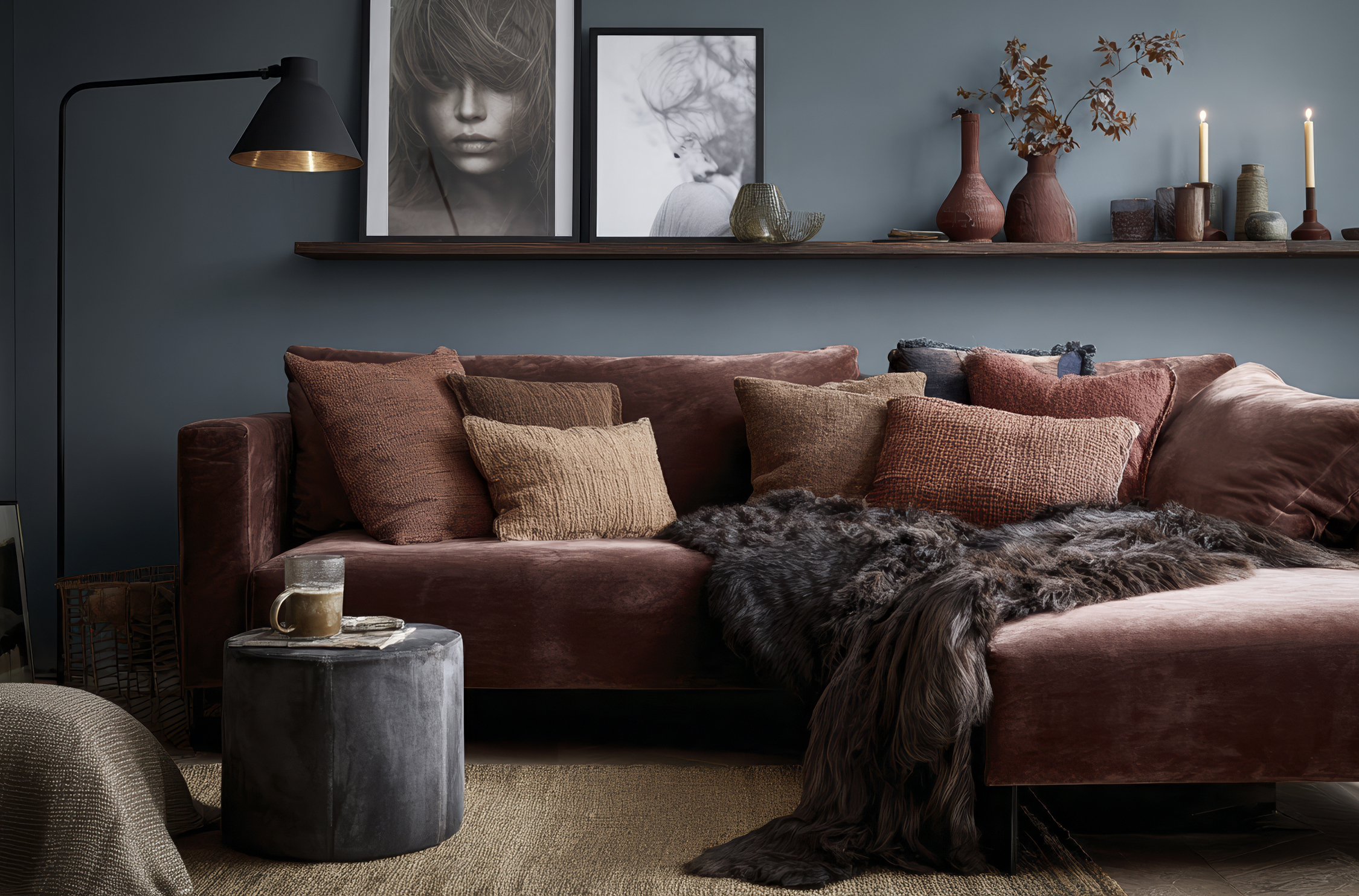 Styling, färgsättning och bildproduktion Stylad vardagsrumsmiljö med färgsättning, möbler, textilier och ljussättning skapad för inspirerande inredningsfotografering.