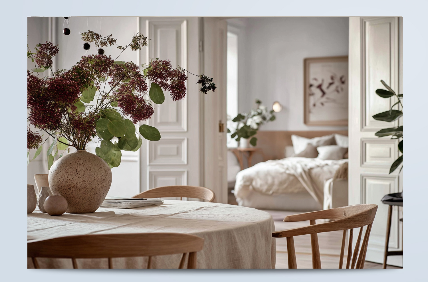 Stylad interiör för sociala medier Stylad interiör med matplats, blomsterarrangemang och vy mot sovrum skapad för Caparols sociala medier.