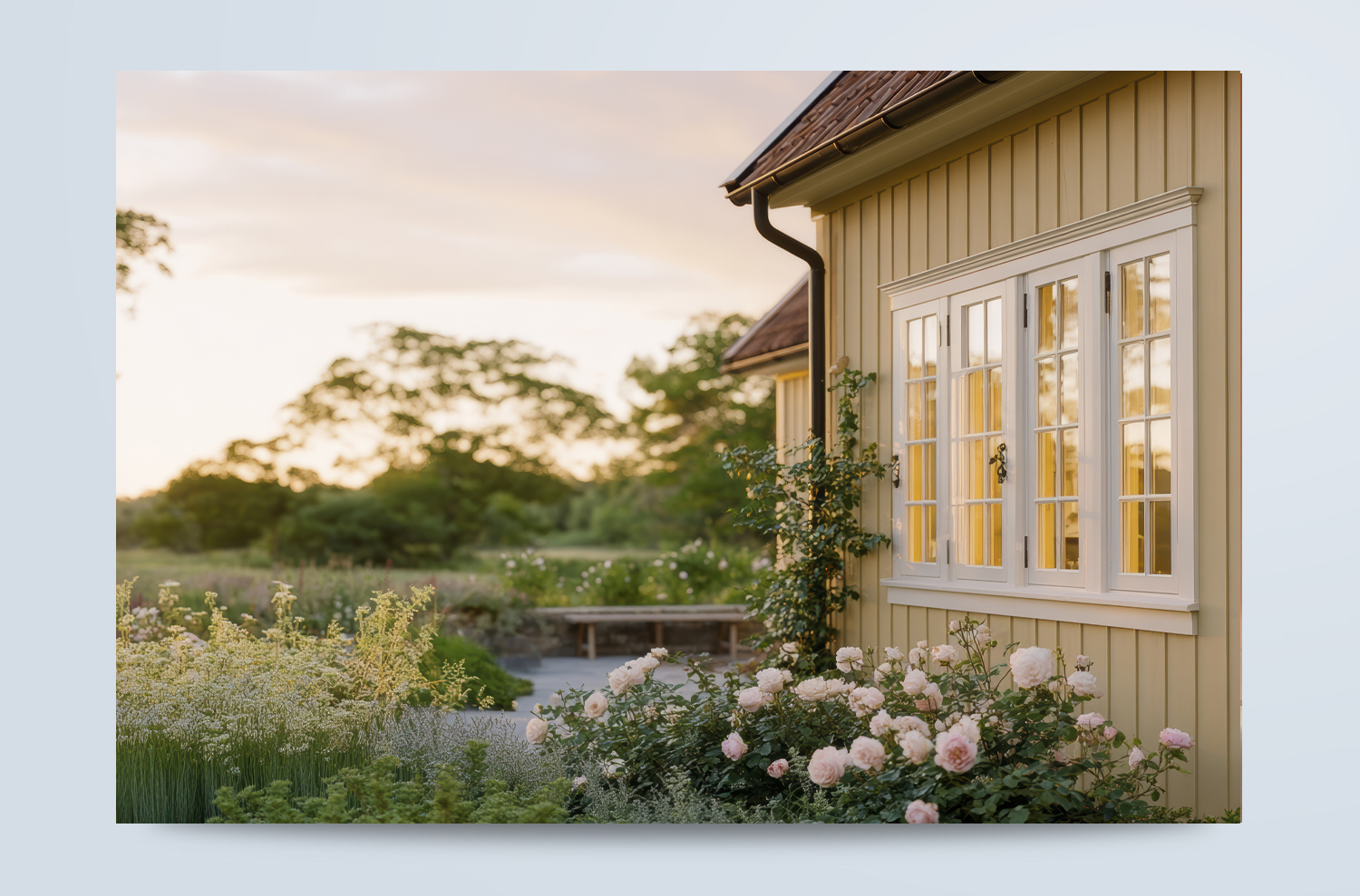 AI-genererad inspiration för träfasad Gulmålad träfasad med vita fönster omgiven av grönska och blommor, skapad med generativ AI för Caparol.