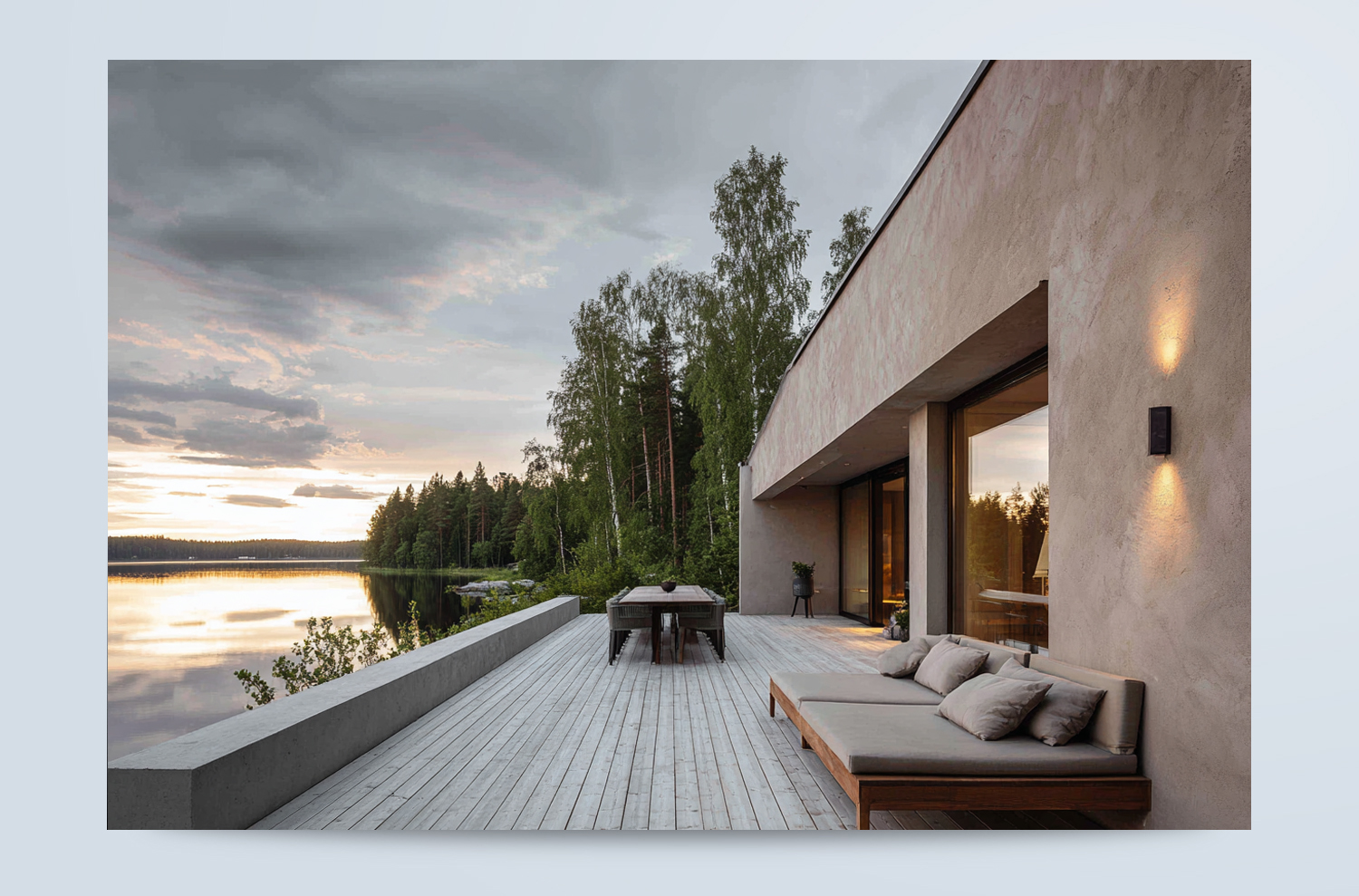 Färgsättningsinspiration för putsfasad Modern putsad villa i varm beige kulör med stor terrass vid en sjö i svensk natur.