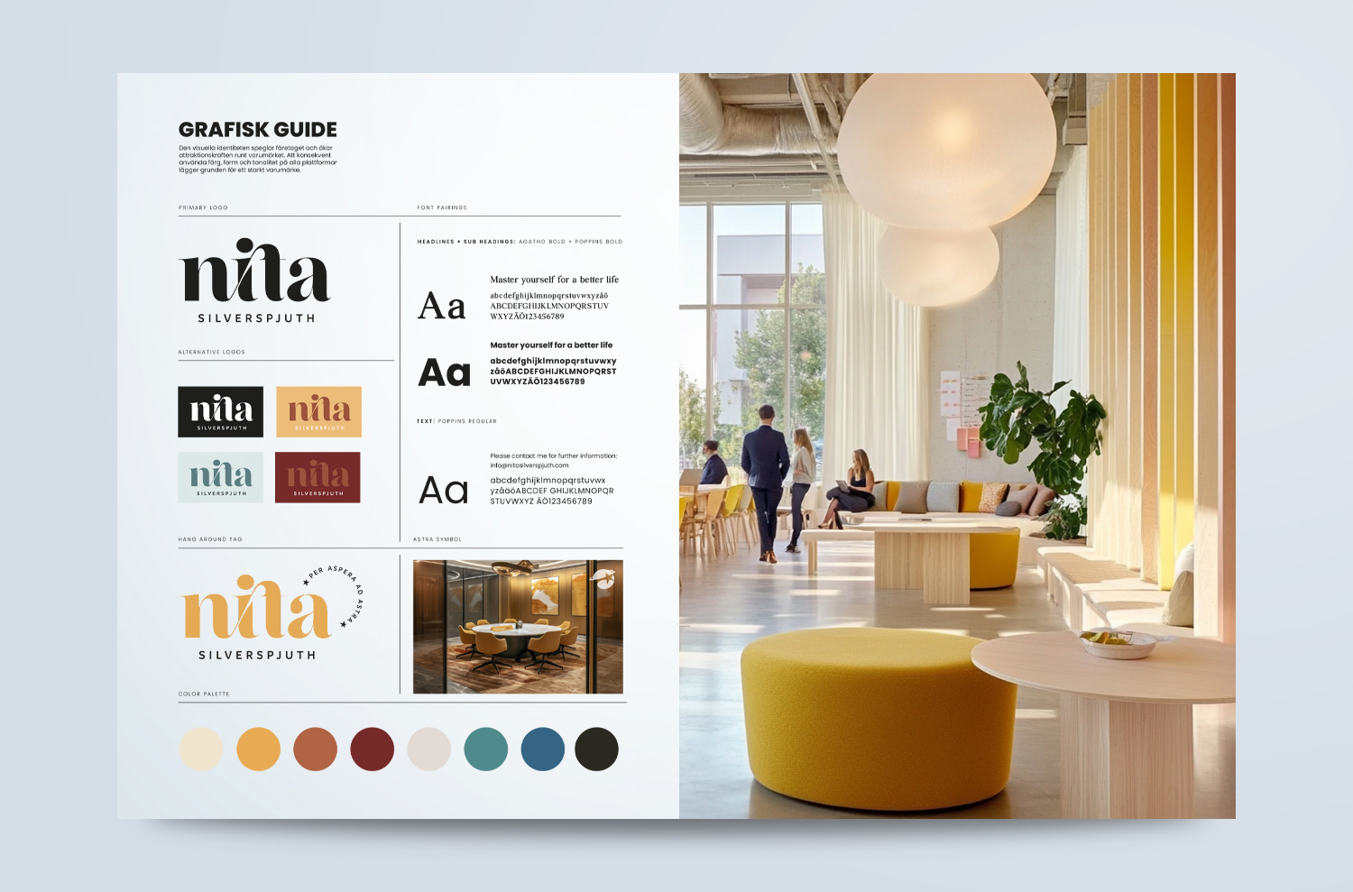 Nita Silverspjuth – grafisk guide Grafisk guide för Nita Silverspjuth med logotyp, typografi, färgpalett och visuell identitet.