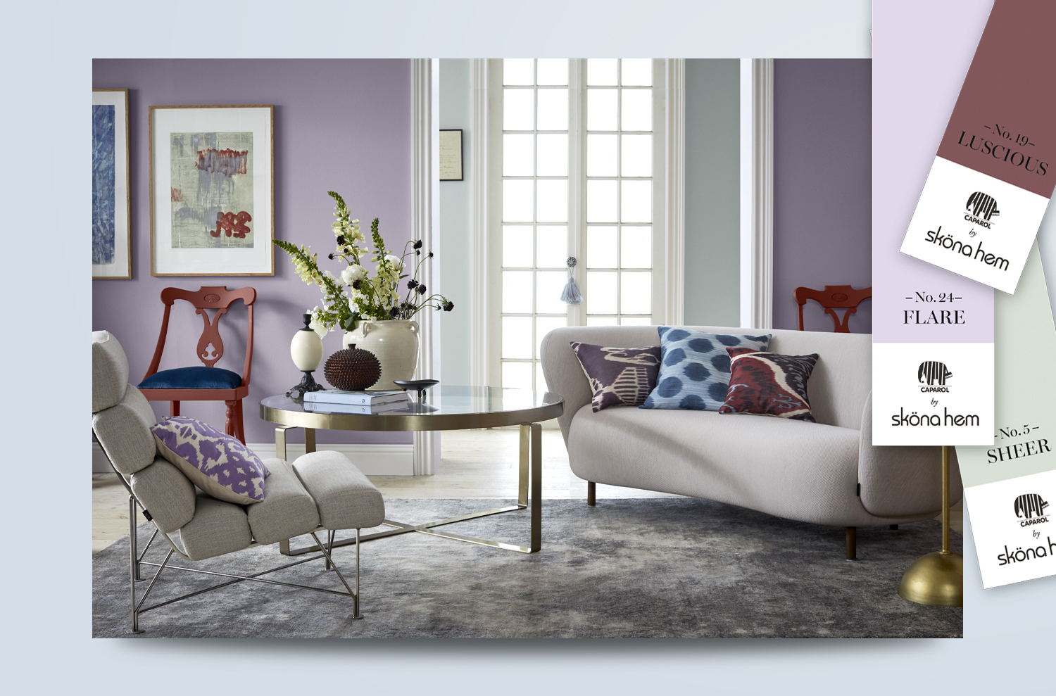 Caparol by Sköna Hem – inspirationsmiljö Interiör med kulörkoncept från Caparol by Sköna Hem och matchande kulörprover.