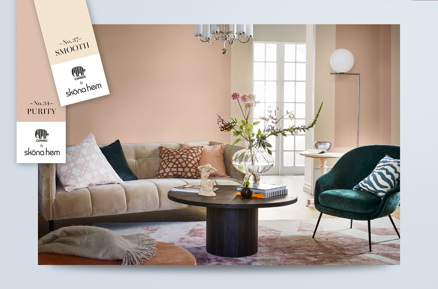 Caparol by Sköna Hem – inspirationsmiljö Interiör med kulörkoncept från Caparol by Sköna Hem och matchande kulörprover.